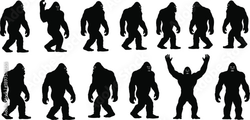 Bigfoot silhouette icon set, sasquatch walking poses, mythical monster shadow collection, cryptid illustration, black isolated vector design artwork, bundle, pack