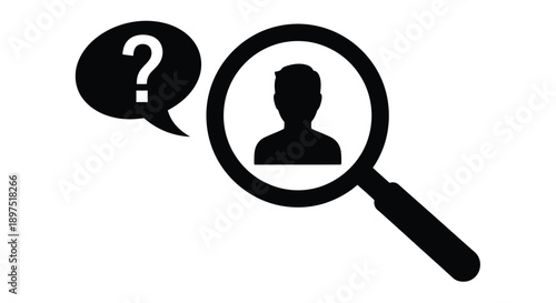 Black silhouette of a person within a magnifying glass with a question mark