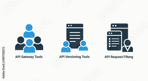 API icons for gateway tools, versioning, and request filtering, representing software development and data management in tech.