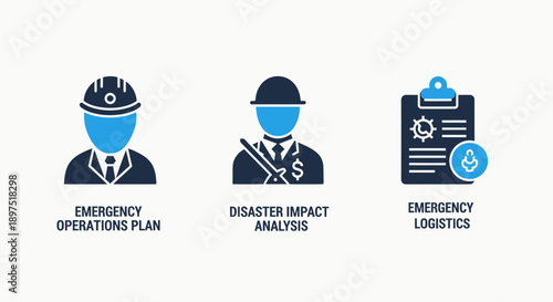 Icons for emergency operations and disaster analysis: an operations plan, impact assessment, and logistics management for crisis response.