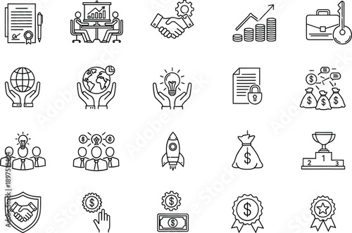 Set of business and finance icons including growth, money, and partnership symbols in a minimalist line style