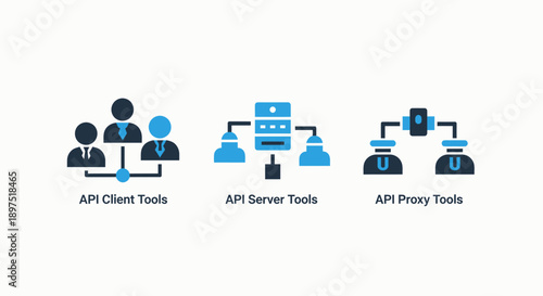 API integration icons: client, server, and proxy tools. Illustrating software architecture, connections, and system management.