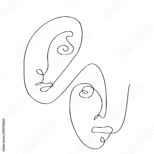 Abstract minimalist line art illustration of two faces in a single continuous stroke, representing connection and duality