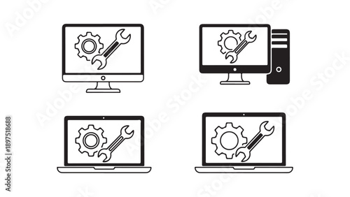 Flat Design Gear and Tools Vector Illustration on Desktop and Laptop Screens for Tech and Business