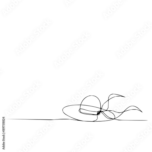 Elegant and stylish wide-brimmed sun hat, a minimalist line art illustration perfect for summer fashion and travel themes