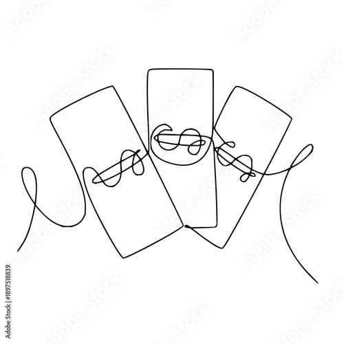 Elegant continuous line art illustration depicting three stylized banknotes with dollar signs, symbolizing interconnected financial concepts, wealth, and continuous monetary flow and growth