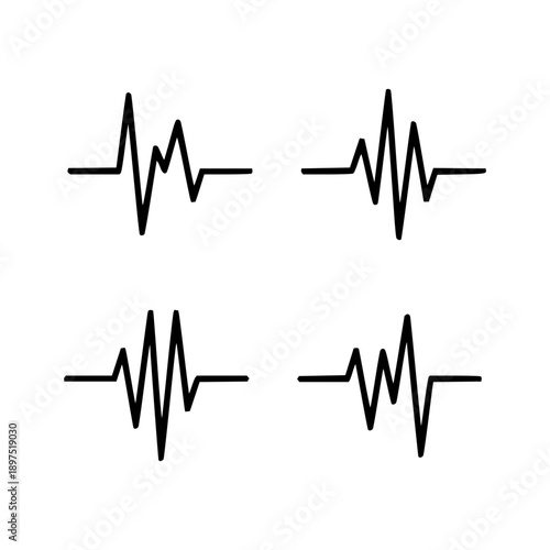 Dynamic collection of four distinct pulse wave illustrations, symbolizing vital heartbeat rhythms, essential sound frequencies, and energy patterns for health and audio design concepts
