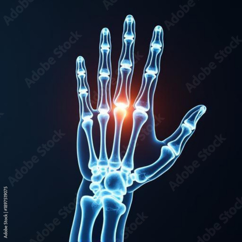 Glowing blue hand skeleton with highlighted painful wrist joint
