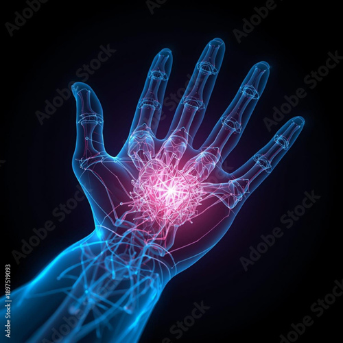Glowing blue hand with pink neural network on palm