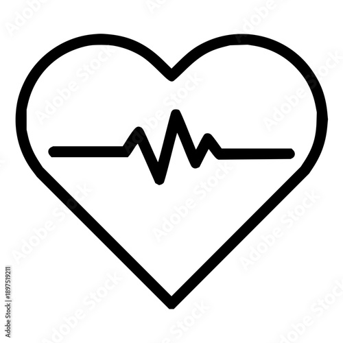 Vector line art icon of a heart with an electrocardiogram (ECG) pulse, symbolizing medical health, vital signs, and cardiological monitoring for wellness and fitness apps