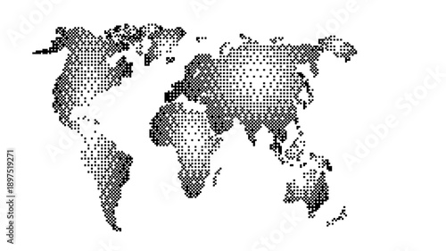 Digital world map composed of black pixels shows global connectivity. Pixelated continents demonstrate international data networks and technology infrastructure.