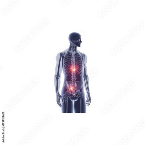 Human skeleton with highlighted pain points in back and pelvis