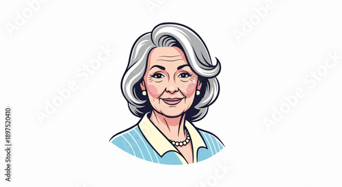 Cheerful elderly woman with silver hair, wearing a pearl necklace and striped blouse