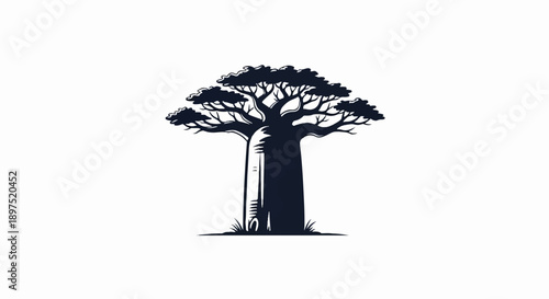 Stylized silhouette of a broad-trunked baobab tree with a sprawling canopy