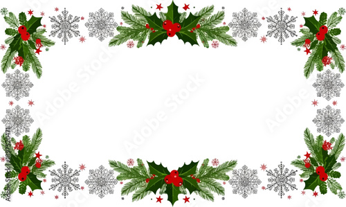 Festive border of pine branches, holly berries, and snowflakes on a white background