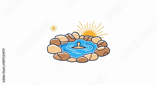 Person bathing in a natural hot spring surrounded by rocks, under a sunny sky