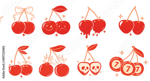 Retro cherry. Vintage red berry. Hand drawn fruit for print. Sketch cherries with ribbon, bow, skull, cherry bomb, explosion, lucky berries. Comic graphic element. Vector set