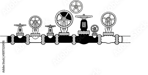 Line art illustration of various industrial valves attached to a pipeline