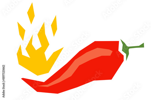 Vector illustration of a spicy chili pepper and fire. Cartoon red chili in fire for Mexican or Thai food.