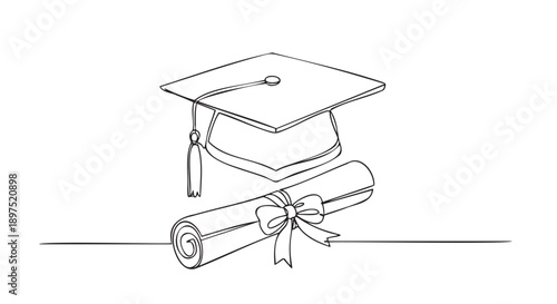 Graduation cap and diploma with decorative ribbon isolated on transparent background