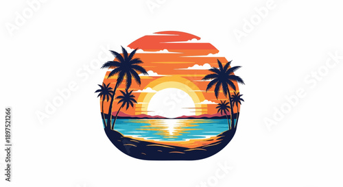 Tropical sunset over ocean with palm trees framing the view