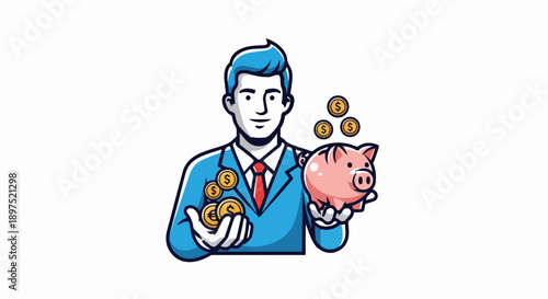 A man in a blue suit holds coins and a piggy bank, symbolizing financial growth and saving