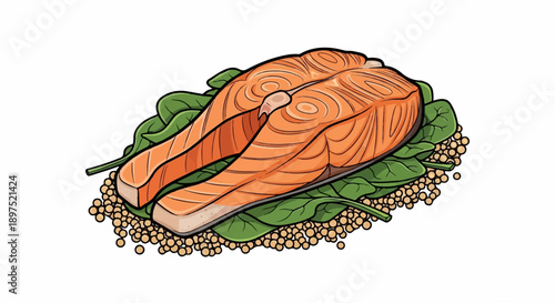Raw salmon steaks on a bed of spinach and lentils, artfully illustrated