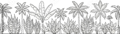Lush tropical foliage and palm trees with a stylized, hand-drawn aesthetic create a vibrant, natural border