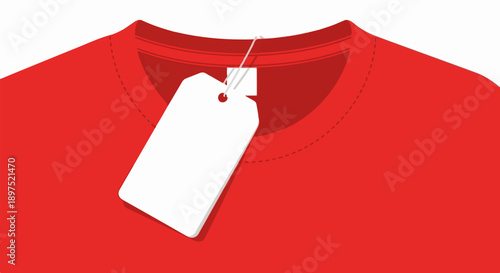 A close-up of a bright red t-shirt with a blank white price tag hanging from the collar