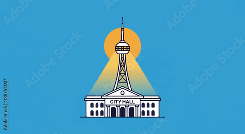 A stylized illustration of a city hall building topped by a broadcasting tower