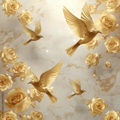 Golden birds and roses in elegant marble background
