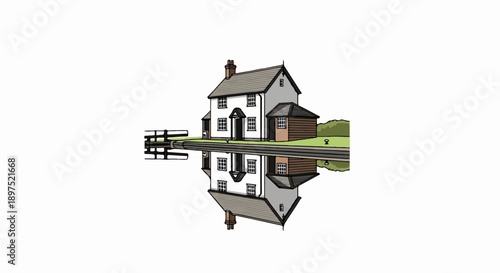 White house with attached wooden shed reflected in water next to canal lock gate