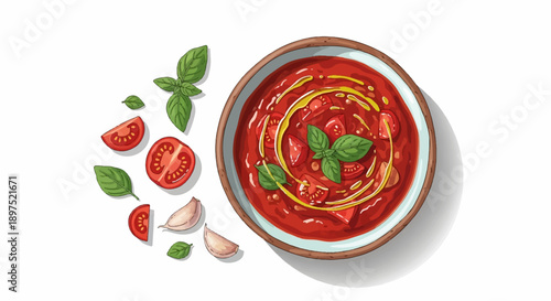 A delicious tomato soup with fresh ingredients like basil, garlic, and olive oil is presented beautifully