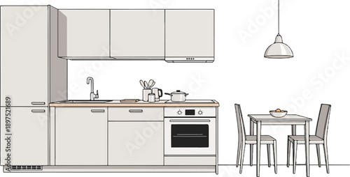 A clean, modern kitchen illustration with cabinetry, sink, oven, and a small dining set