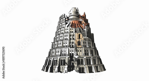 Stylized depiction of a ziggurat with numerous windows and levels