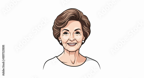Portrait of an smiling, older woman with styled brown hair and white pearl earrings