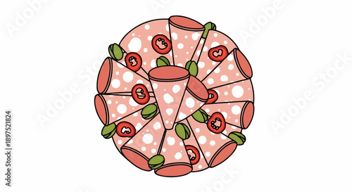 A stylized circular pizza, sliced into triangular pieces with polka dots and toppings