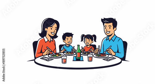 A happy family is gathered around a table, enjoying a meal together with smiles and good cheer