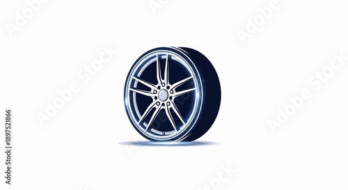 A stylized, dark blue tire with a bright, silver five-spoke rim, glowing with light