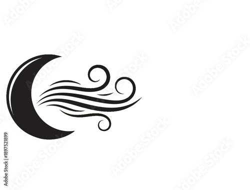 A crescent moon icon with stylized wind blowing across it