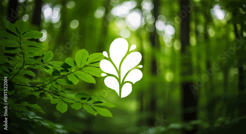 Vibrant green leaves frame a stylized white plant shape against a dappled forest background