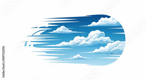 Streaking lines and fluffy white clouds in a vibrant blue sky, forming a circular composition