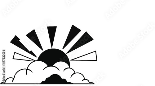 Black sun rays burst from behind clouds, symbolizing dawn or hope