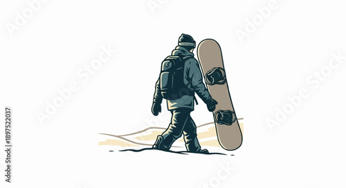 Person in warm clothes walks with snowboard in snowy terrain