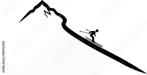 Stylized black silhouette of a skier descending a mountain slope with a textured fill