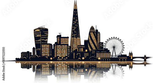 A stylized silhouette of a city skyline at night with iconic buildings and a large Ferris wheel, reflected in water