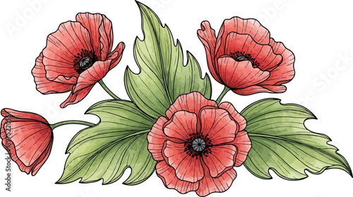 Delicate watercolor artwork featuring a cluster of vibrant red poppies with lush green leaves