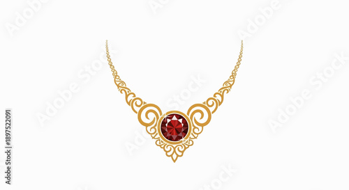 Ornate golden necklace with a sparkling red gemstone at its center