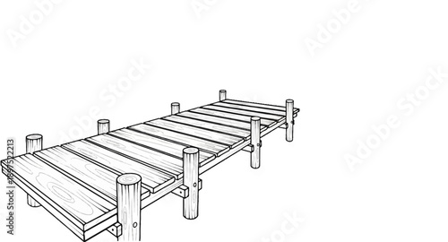 A simple wooden pier with multiple vertical support posts extends out over an unseen body of water