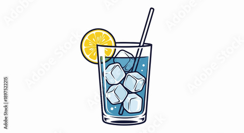 A refreshing blue beverage in a glass with ice cubes, a lemon slice, and a straw